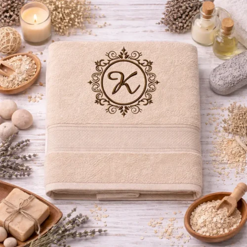 kremova-vysivana-osuska-monogram-pismeno-k Krémová vyšívaná froté osuška s hnedým monogramom písmena A v ozdobnom erbe