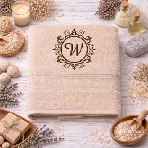 kremova-vysivana-osuska-monogram-pismeno-w Krémová vyšívaná froté osuška s hnedým monogramom písmena W v ozdobnom erbe
