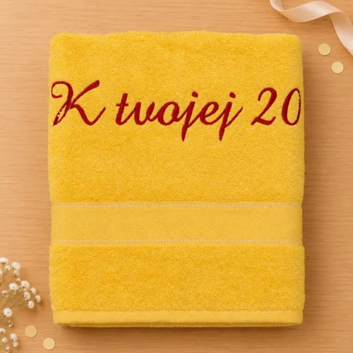 vysivana-osuska-k-tvojej-20-zlta Žltá vyšívaná froté osuška s červeným kaligrafickým nápisom K tvojej 20