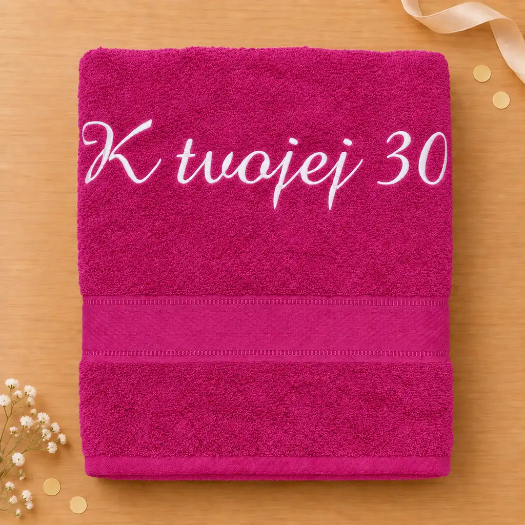 Cyklámenová vyšívaná froté osuška s bielym kaligrafickým nápisom K tvojej 30
