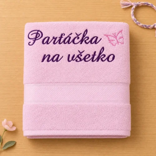 vysivana-osuska-partacka-na-vsetko-ruzova-lawli Bledoružová vyšívaná froté osuška s fialovým kaligrafickým nápisom Parťáčka na všetko a motívom motýľa