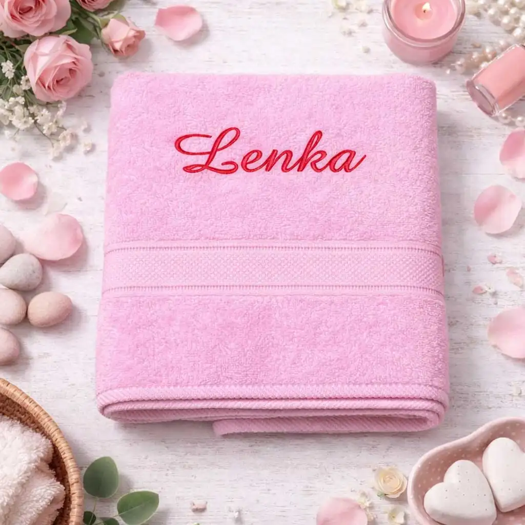 Bledoružová vyšívaná froté osuška s červeným kaligrafickým nápisom Lenka