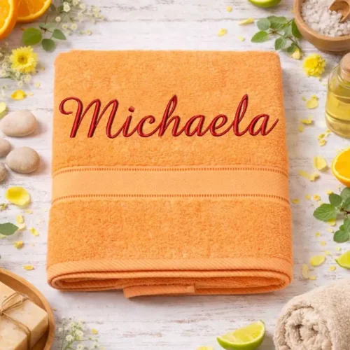 vysivana-osuska-s-menom-michaela-oranzova-lawli Oranžová vyšívaná froté osuška s červeným kaligrafickým nápisom Michaela