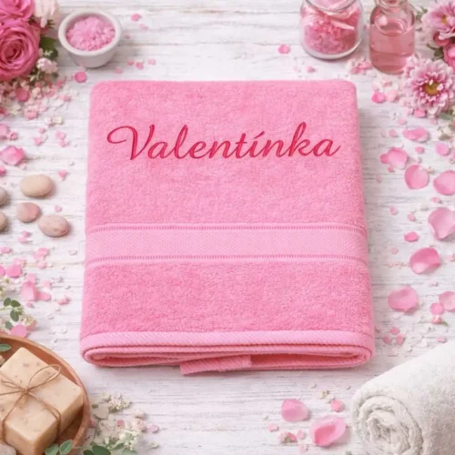 vysivana-osuska-s-menom-valentinka-ruzova-lawli Broskyňová vyšívaná froté osuška s cyklámenovým kaligrafickým nápisom Valentínka