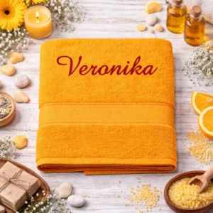 vysivana-osuska-s-menom-veronika-oranzova-lawli Oranžová vyšívaná froté osuška s červeným kaligrafickým nápisom Veronika