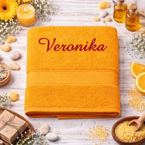 vysivana-osuska-s-menom-veronika-oranzova-lawli Oranžová vyšívaná froté osuška s červeným kaligrafickým nápisom Veronika