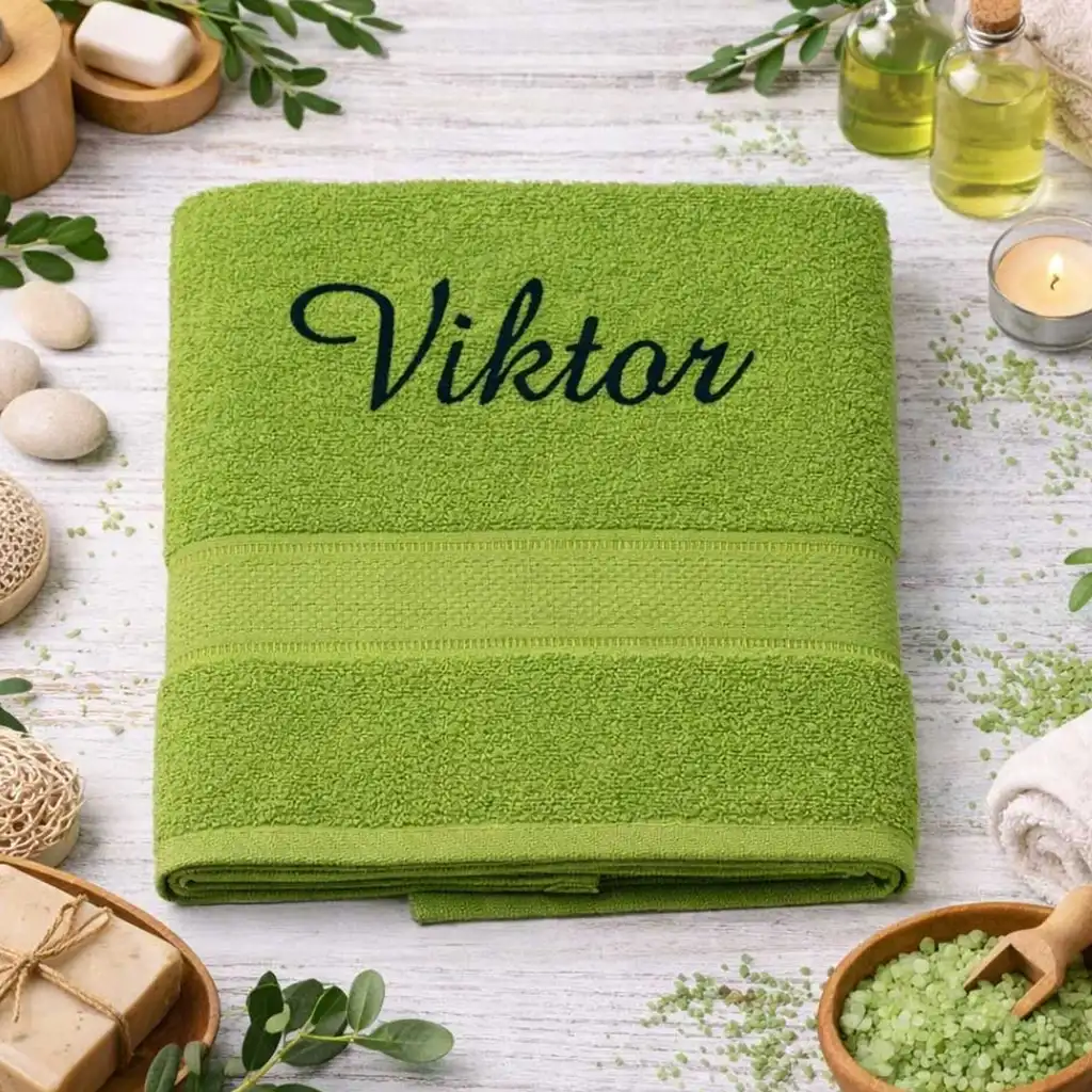 Hráškovozelená vyšívaná froté osuška s tmavozeleným kaligrafickým nápisom Viktor