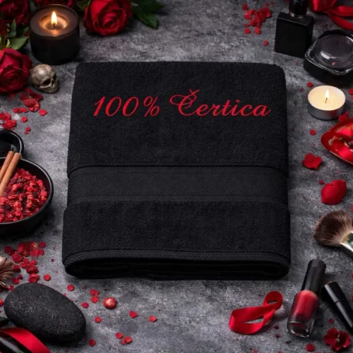 vysivana-osuska-s-napisom-100-certica-cierna-lawli Čierna vyšívaná froté osuška s červeným kaligrafickým nápisom 100%