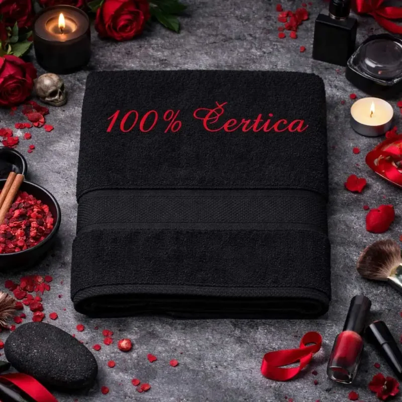 vysivana-osuska-s-napisom-100-certica-cierna-lawli Čierna vyšívaná froté osuška s červeným kaligrafickým nápisom 100%