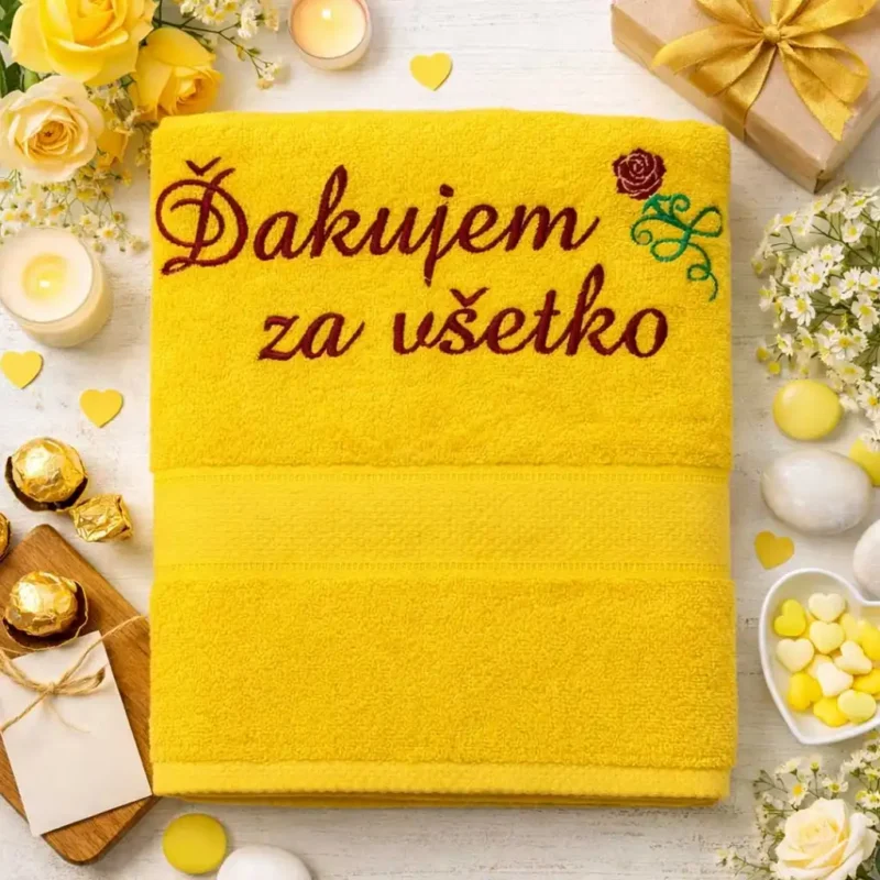 vysivana-osuska-s-napisom-dakujem-za-vsetko-zlta-lawli Žltá vyšívaná froté osuška s bordovým kaligrafickým nápisom Ďakujem za všetko a motívom ruže