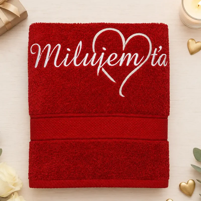 vysivana-osuska-s-napisom-milujem-ta-cervena-lawli Červená vyšívaná froté osuška s bielym kaligrafickým nápisom Milujem ťa a krémovým srdiečkom