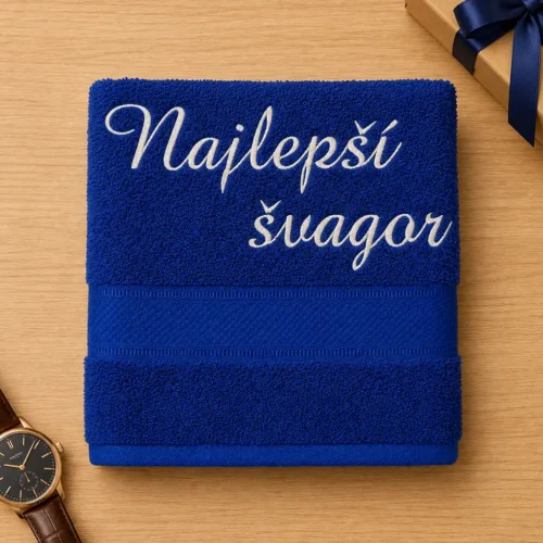 vysivana-osuska-s-napisom-najlepsi-svagor-tmavomodra-lawli Tmavomodrá vyšívaná froté osuška s bielym kaligrafickým nápisom Najlepší švagor