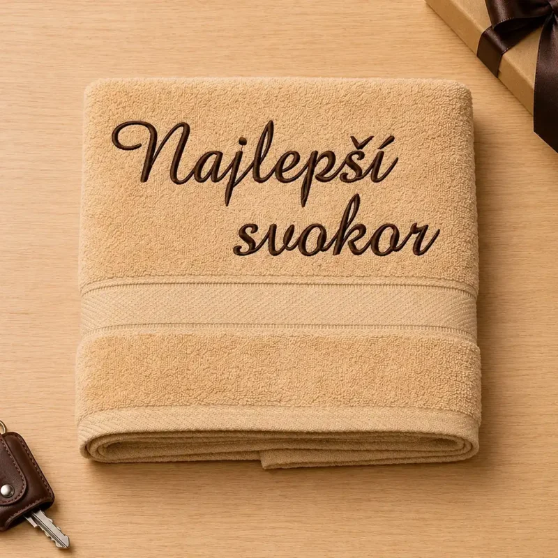 vysivana-osuska-s-napisom-najlepsi-svokor-hneda-lawli Bledohnedá vyšívaná froté osuška s tmavohnedým kaligrafickým nápisom Najlepší svokor