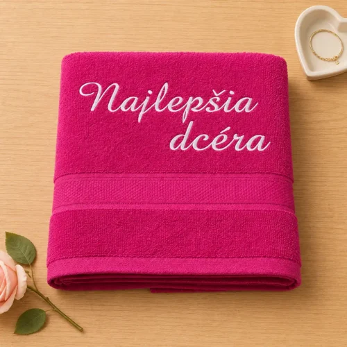 vysivana-osuska-s-napisom-najlepsia-dcera-cyklamenova-lawli Cyklámenová vyšívaná froté osuška s bielym kaligrafickým nápisom Najlepšia dcéra