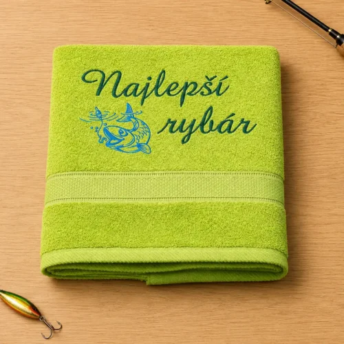 vysivana-osuska-s-napisom-s-motivom-najlepsi-rybar-neonovozelena-lawli Neónovozelená vyšívaná froté osuška s tmavozeleným kaligrafickým nápisom Najlepší rybár a motívom ryby