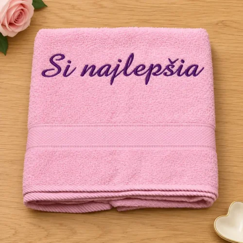 vysivana-osuska-si-najlepsia Bledoružová vyšívaná froté osuška s fialovým kaligrafickým nápisom Si najlepšia