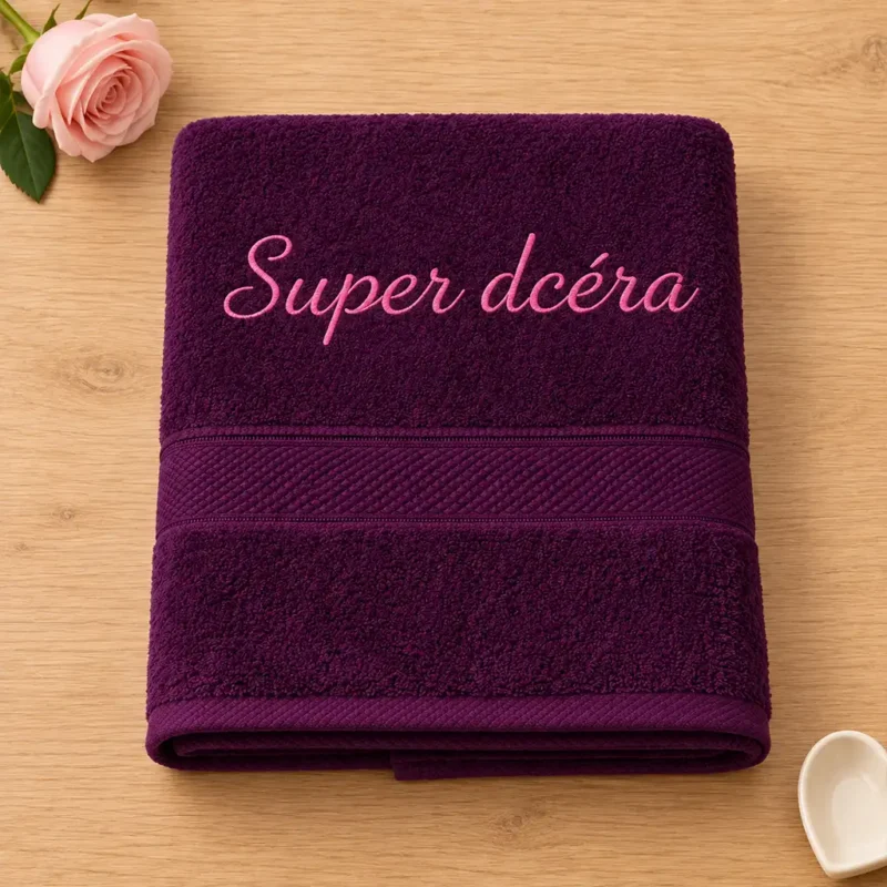 vysivana-osuska-super-dcera Tmavofialová vyšívaná froté osuška s bledoružovým kaligrafickým nápisom Super dcéra