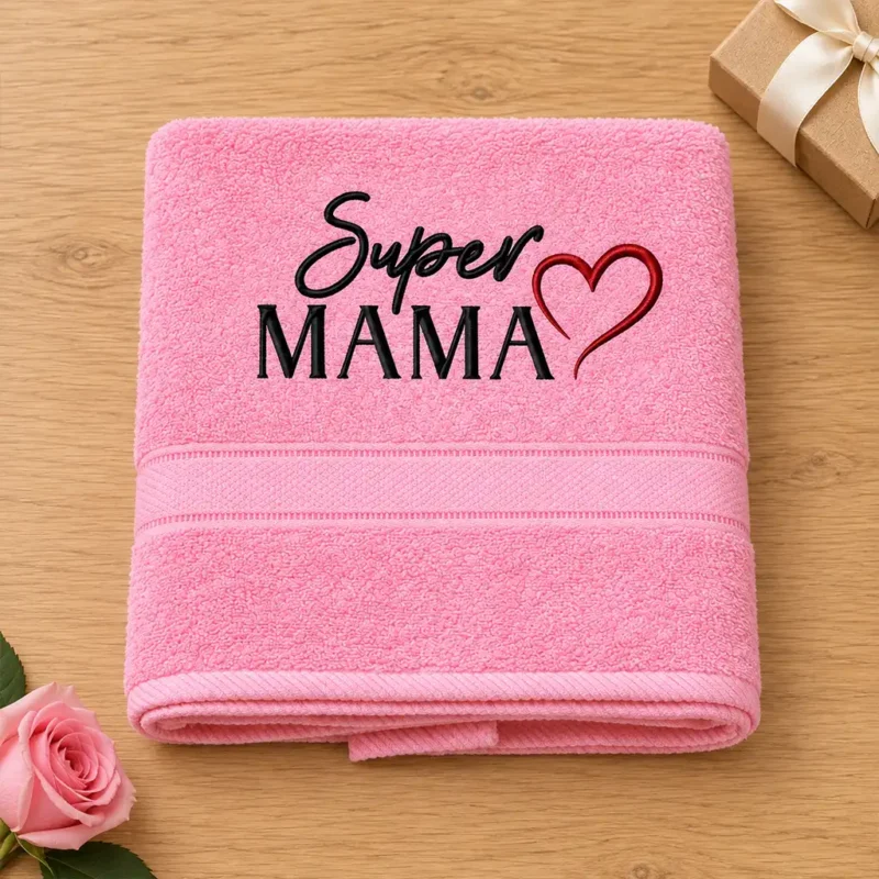 vysivana-osuska-super-mama Broskyňová vyšívaná froté osuška s čiernym nápisom Super MAMA a červeným srdiečkom