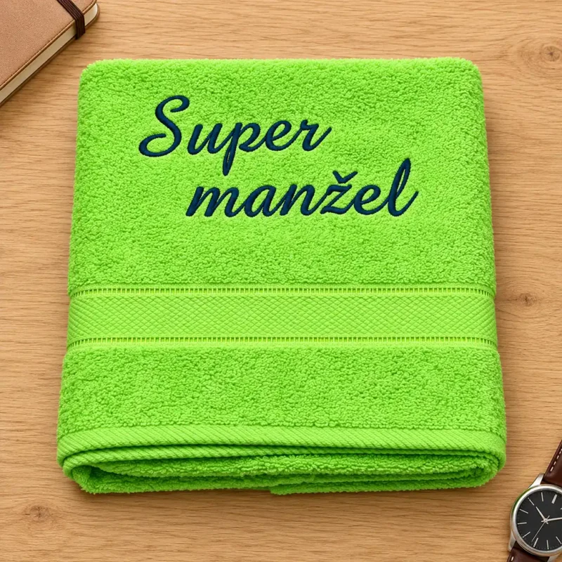 vysivana-osuska-super-manzel Neónovozelená vyšívaná froté osuška s tmavozeleným kaligrafickým nápisom Super manžel