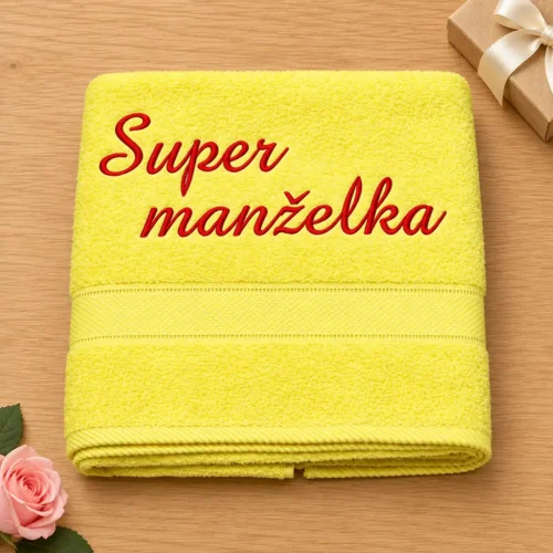 vysivana-osuska-super-manzelka Citrónovo žltá vyšívaná froté osuška s červeným kaligrafickým nápisom Super manželka