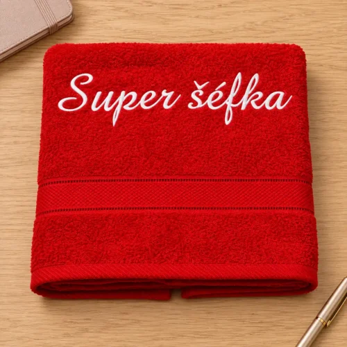 vysivana-osuska-super-sefka Červená vyšívaná froté osuška s bielym kaligrafickým nápisom Super šéfka