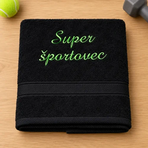 vysivana-osuska-super-sportovec Čierna vyšívaná froté osuška s neónovozeleným kaligrafickým nápisom Super športovec