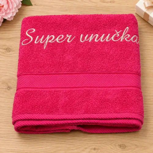 vysivana-osuska-super-vnucka Cyklámenová vyšívaná froté osuška s krémovým kaligrafickým nápisom Super vnučka