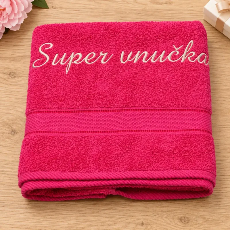 vysivana-osuska-super-vnucka Cyklámenová vyšívaná froté osuška s krémovým kaligrafickým nápisom Super vnučka