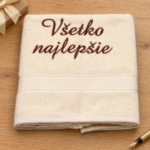 vysivana-osuska-vsetko-najlepsie Krémová vyšívaná froté osuška s tmavohnedým kaligrafickým nápisom Všetko najlepšie