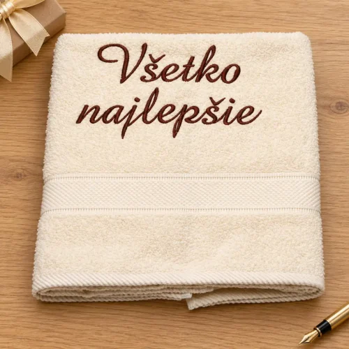 vysivana-osuska-vsetko-najlepsie Krémová vyšívaná froté osuška s tmavohnedým kaligrafickým nápisom Všetko najlepšie