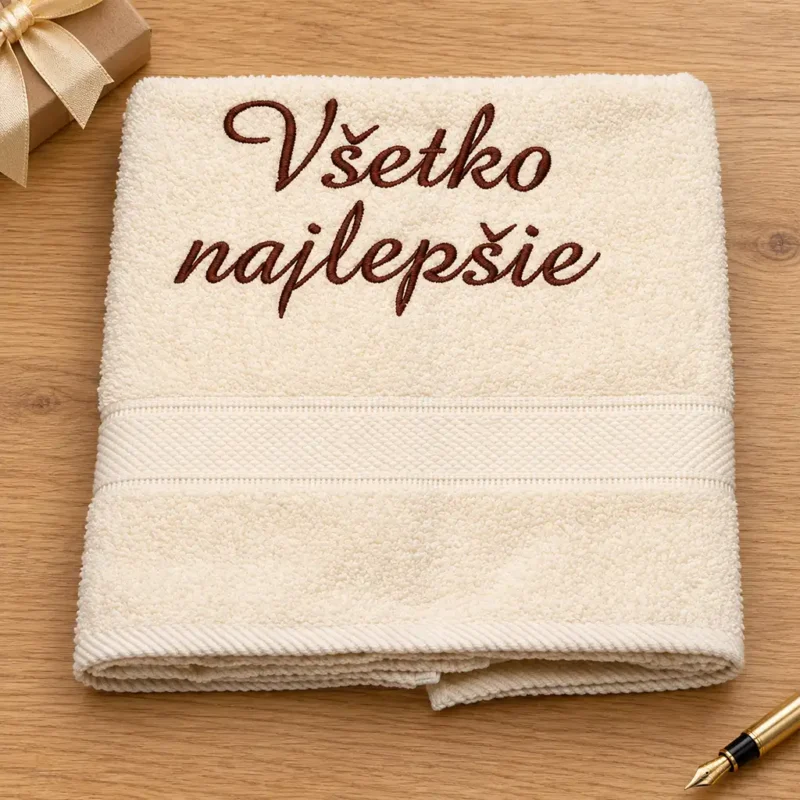 vysivana-osuska-vsetko-najlepsie Krémová vyšívaná froté osuška s tmavohnedým kaligrafickým nápisom Všetko najlepšie