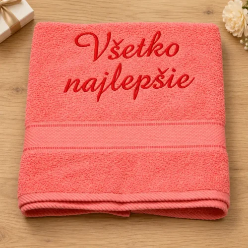 vysivana-osuska-vsetko-najlepsie-broskynova Broskyňová vyšívaná froté osuška s červeným kaligrafickým nápisom Všetko najlepšie