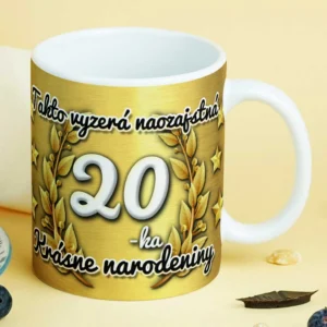 Hrnček 20 – Naozajstná 20-tka Zlatý hrnček k 20. narodeninám s nápisom Takto vyzerá naozajstná 20-tka