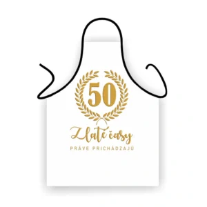 Elegantná zástera k 50. narodeninám – Zlaté časy práve prichádzajú Biela zástera k 50. narodeninám s nápisom Zlaté časy práve prichádzajú