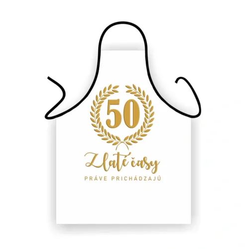 Elegantná zástera k 50. narodeninám – Zlaté časy práve prichádzajú Biela zástera k 50. narodeninám s nápisom Zlaté časy práve prichádzajú