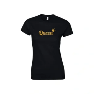 Dámske tričko Queen s elegantným nápisom a motívom koruny Čierne dámske tričko Queen so zlatým nápisom a korunou Dámske tričko – Queen