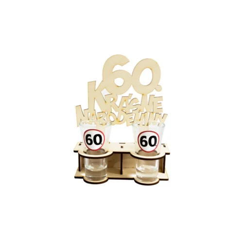 Drevený stojan s poldecákmi 60 Drevený stojan s dvoma pohárikmi a číslom 60 na narodeninový prípitok