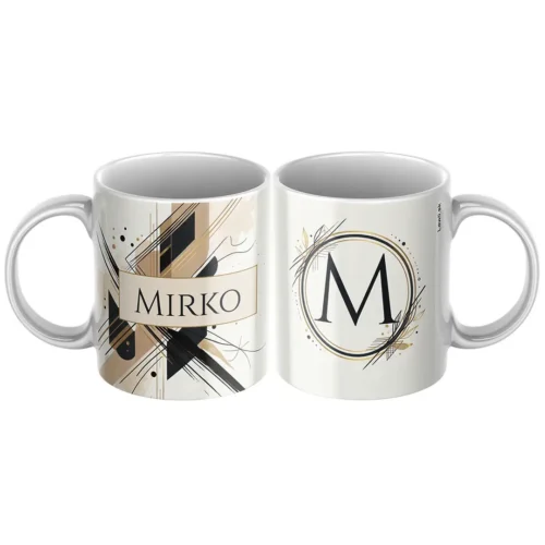 hrncek-s-menom-Mirko Keramický hrnček s menom Mirko a čierno-zlatým geometrickým motívom