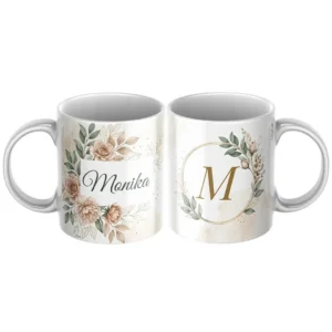 hrncek-s-menom-Monika Keramický hrnček s menom Monika a vintage krémovým kvetinovým motívom
