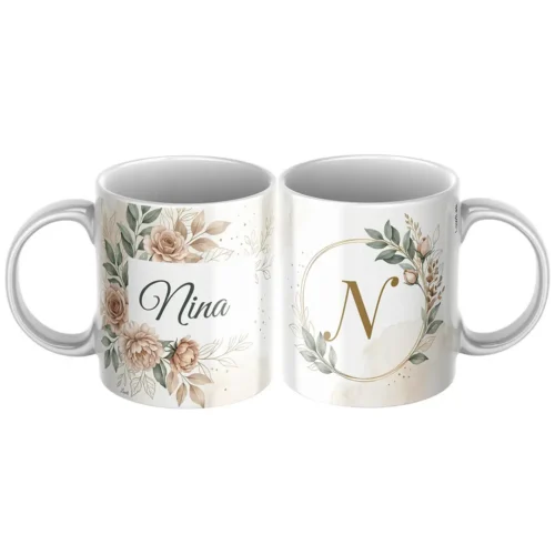 hrncek-s-menom-Nina Keramický hrnček s menom Nina a vintage krémovým kvetinovým motívom