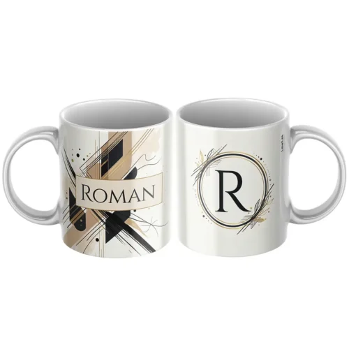 hrncek-s-menom-Roman Keramický hrnček s menom Roman a čierno-zlatým geometrickým motívom