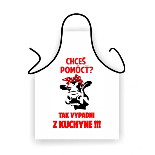 Vtipná biela zástera s nápisom Chceš pomôcť? Tak vypadni z kuchyne Biela zástera Chceš pomôcť? Tak vypadni z kuchyne s vtipným motívom Zástera - Chceš pomôcť ?
