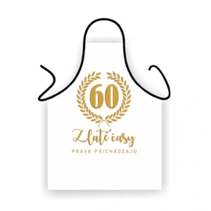 Elegantná zástera k 60. narodeninám – Zlaté časy práve prichádzajú Biela zástera k 60. narodeninám s nápisom Zlaté časy práve prichádzajú