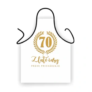 Elegantná zástera k 70. narodeninám – Zlaté časy práve prichádzajú Biela zástera k 70. narodeninám s nápisom Zlaté časy práve prichádzajú