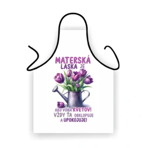 Zástera pre mamu s kvetinovým motívom a citátom o materskej láske Biela zástera Materská láska s motívom fialových tulipánov Zástera - Materská láska