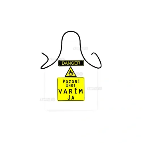 Vtipná biela zástera s výstražným symbolom a nápisom Danger Biela zástera Pozor, dnes varím ja so žltou výstražnou značkou Zástera - Pozor! Dnes varím ja