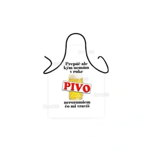 Vtipná biela zástera pre milovníka piva s motívom pivného krígľa Biela zástera Prepáč, ale kým nemám v ruke pivo, nerozumiem, čo mi vravíš Zástera - Prepáč, ale kým nemám v ruke pivo