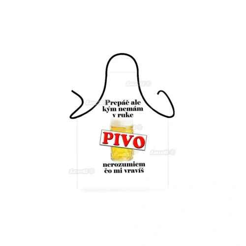 Vtipná biela zástera pre milovníka piva s motívom pivného krígľa Biela zástera Prepáč, ale kým nemám v ruke pivo, nerozumiem, čo mi vravíš Zástera - Prepáč, ale kým nemám v ruke pivo