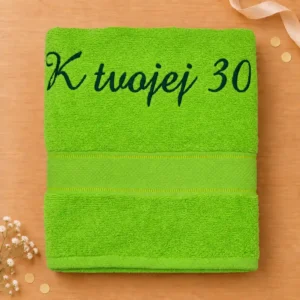 vysivana-osuska-k-tvojej-30-zelena Zelená vyšívaná froté osuška s tmavozeleným kaligrafickým nápisom K tvojej 30