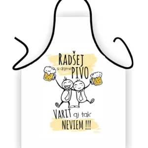 Vtipná biela zástera s dvoma kamarátmi a pivnými krígľami Biela zástera Radšej si dajme pivo, variť aj tak neviem Zástera - Radšej si dajme Pivo